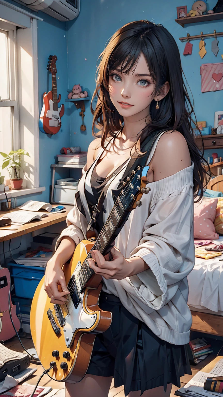 mouth, One girl, alone, In a messy room, guitar,smile