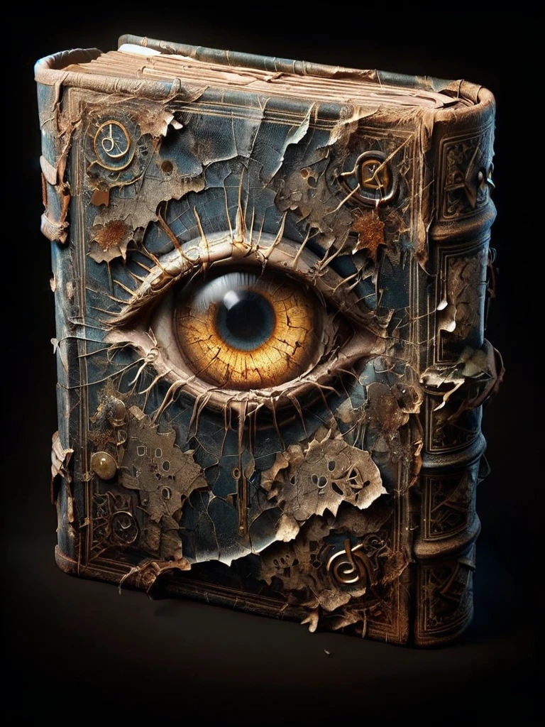 ais-olde book, its leather cover cracked and brittle, pages filled with cryptic symbols glowing faintly in the darkness ,Eye-like pattern