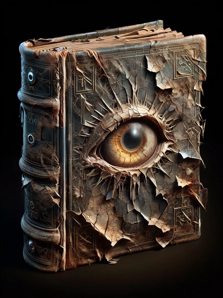 ais-olde book, its leather cover cracked and brittle, pages filled with cryptic symbols glowing faintly in the darkness ,Eye-like pattern