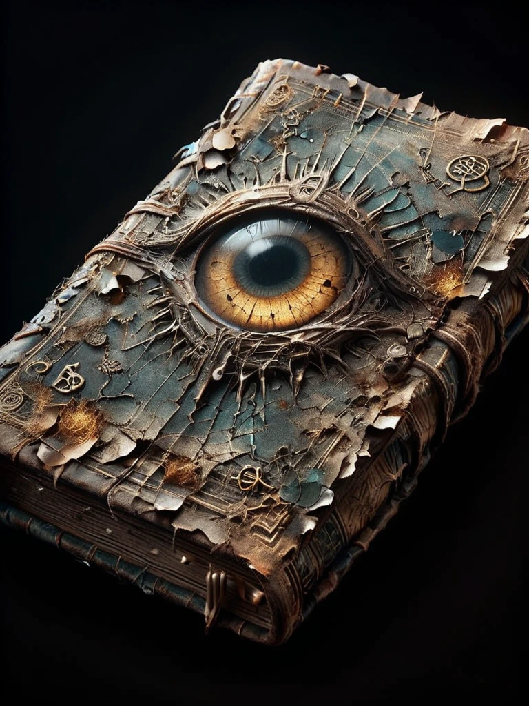 ais-olde book, its leather cover cracked and brittle, pages filled with cryptic symbols glowing faintly in the darkness ,Eye-like pattern