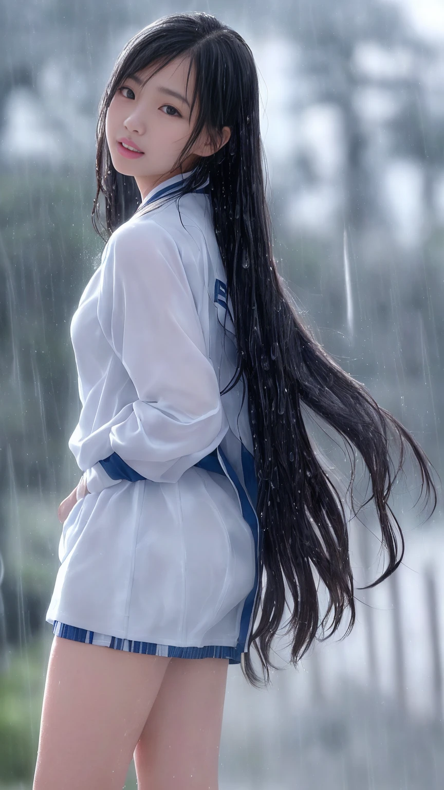 最high quality、high quality、Best image quality、、最High resolution、High resolution、masterpiece、Detailed and realistic human body、Detailed and realistic skin、Realistic face in every detail、Realistic reproduction of every detail、Detailed and realistic lips、Detailed and realistic teeth、Detailed and realistic ears、Detailed and realistic hair、Detailed and realistic weapons、Realistic reproduction of every detail、Realistic fingers in every detail、(Beautiful Hands、thumb1reference4)、Realistic feet down to the last detail、((Beautiful Japanese Girl))、(Japanese Model)、((Cute Japanese Girl))、((Beautiful 18 year old girl))、(Black Hair)、(Straight hair)、(Random Hairstyles)、((Full body video))、((Flat Chest、Small breasts))、(Slim and perfect figure)、(Lustrous skin all over the body、Fair skin)、((Sports uniforms))、((bad weather))、((Pouring rain))、((In the Storm))、((School Playground))、((Pouring rainの中(A girl standing in the center of the schoolyard))、((Pouring rainを浴びて(Soaked skin from head to toe))、((Rain dripping from the skin))、((びしょ濡れのSports uniformsを通して彼女の肌がはっきりと見える))、((びしょ濡れのSports uniforms(肌にピッタリとフィットしたSports uniforms))、((Sports uniformsから滴る雨水))