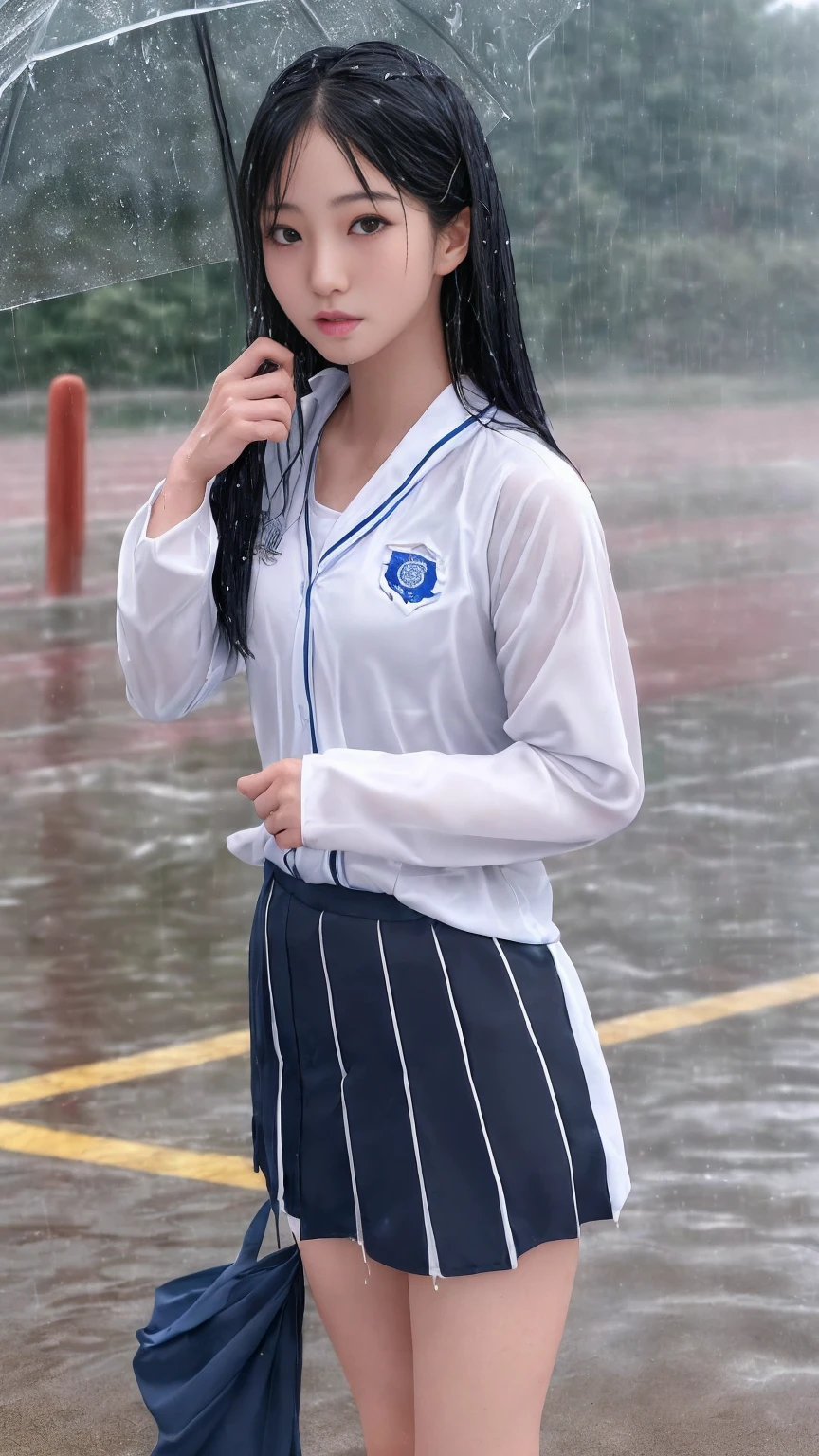 最high quality、high quality、Best image quality、、最High resolution、High resolution、masterpiece、Detailed and realistic human body、Detailed and realistic skin、Realistic face in every detail、Realistic reproduction of every detail、Detailed and realistic lips、Detailed and realistic teeth、Detailed and realistic ears、Detailed and realistic hair、Detailed and realistic weapons、Realistic reproduction of every detail、Realistic fingers in every detail、(Beautiful Hands、thumb１reference４)、Realistic feet down to the last detail、((Beautiful Japanese Girl))、(Japanese Model)、((Cute Japanese Girl))、((Beautiful 18 year old girl))、(Black Hair)、(Straight hair)、(Random Hairstyles)、((Full body video))、((Flat Chest、Small breasts))、(Slim and perfect figure)、(Lustrous skin all over the body、Fair skin)、((Sports uniforms))、((bad weather))、((Pouring rain))、((In the Storm))、((School Playground))、((Pouring rainの中(A girl standing in the center of the schoolyard))、((Pouring rainを浴びて(Soaked skin from head to toe))、((Rain dripping from the skin))、((びしょ濡れのSports uniformsを通して彼女の肌がはっきりと見える))、((びしょ濡れのSports uniforms(肌にピッタリとフィットしたSports uniforms))、((Sports uniformsから滴る雨水))