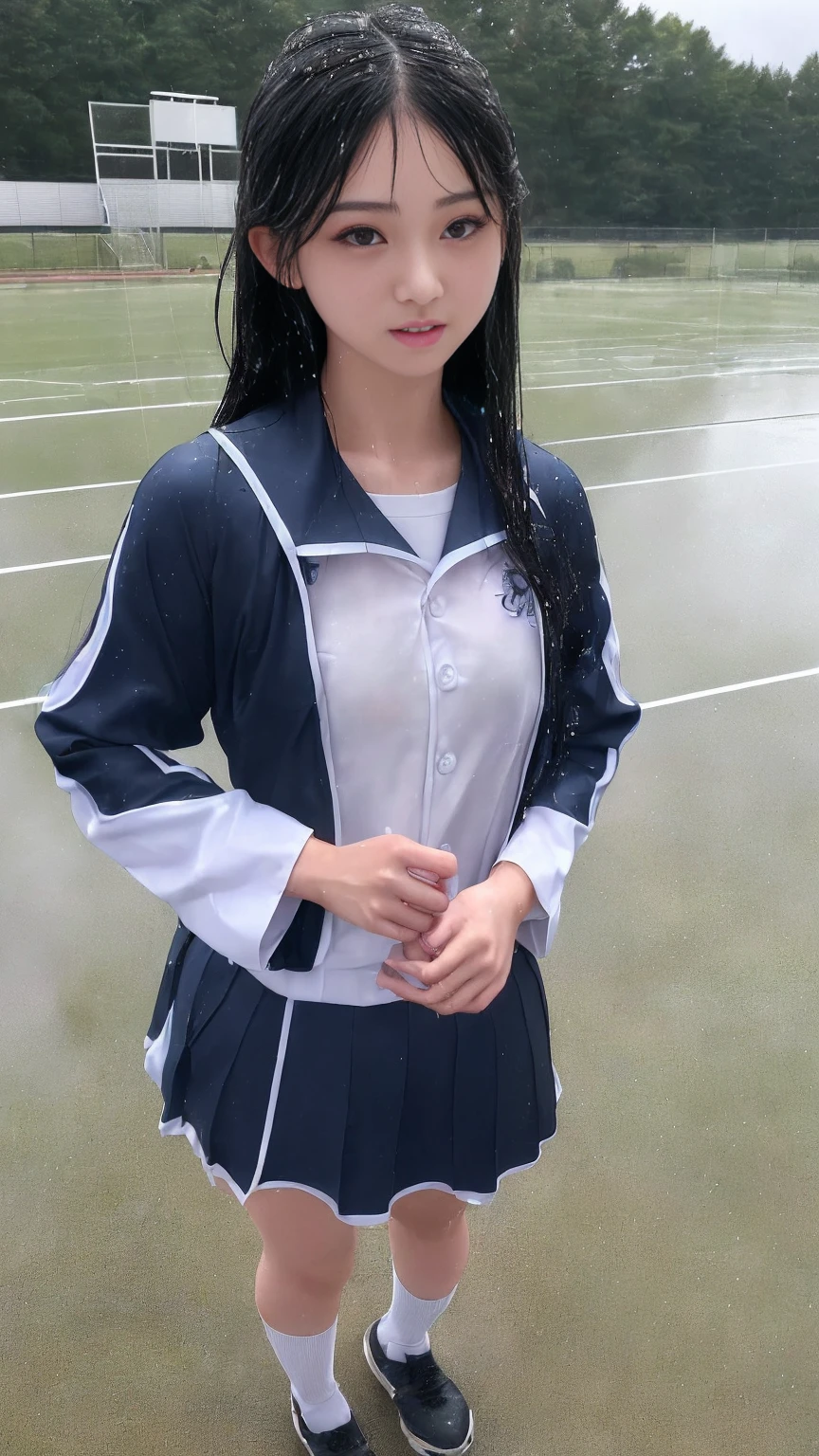 cute, two girls, , , black hair, ponytail, school track suit, white short sleeves, blue shorts, innocent smile, (shiny skin), big bust, ((no bra)), (((no underwaer))), ((see-nipple)), (((see-pussy))),((((wet))), (((see-through)))