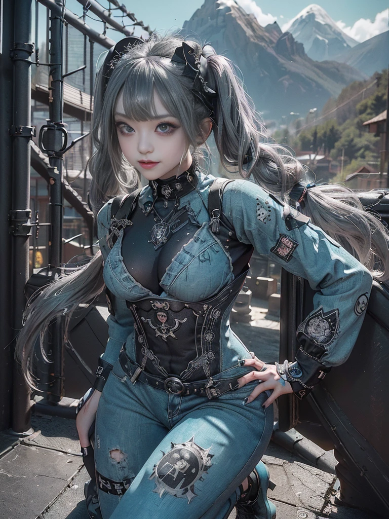 (Full Body View:1.4)、(Full body:1.3)、(Smiling with teeth showing:1.3),(Shibuya Gal:1.5)、(Gothic Lolita style fashion:1.5)、(Punk RockVisual Kei:1.5)、(Wearing a rhythmic gymnastics bodysuit with intricate details:1.4)、(Racing suit and pants with intricate turquoise, denim and charcoal decorations:1.5)、(Denim and light blue and turquoise boots:1.3)、((belt))、(Numerous delicate logo marks all over the costume:1.4)、(collar:1.3)、(Polka dot underwear:1.5)、20-year-old、NSFW、((Highest quality、In 8K、masterpiece:1.3))、Sharp focus:1.2、(Layered Cut、Huge boobs:1.1),Beautiful woman with perfect figure:1.4、(do a gravure pose:1.3)、Slender Abs:1.2、Highly detailed face and skin texture、Detailed eyes、double eyelid,(Twin tails:1.3)、(Dark silver hair:1.3)、Gravure idol、(The background is a vast mountain々Beautiful European tourist destinations:1.3)、(Slim body:1.3),(Make your legs thinner:1.4),(clavicle:1.1)