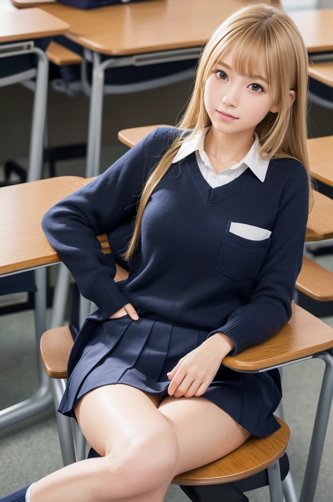(8k, RAW photo, best quality, masterpiece:1.2), (realistic, photo-realistic:1.4), (extremely detailed 8k wallpaper), pretty Japanese woman, (school uniform studium jumper),in class room, sitting chair, spread legs, blond hair, hands in pocket