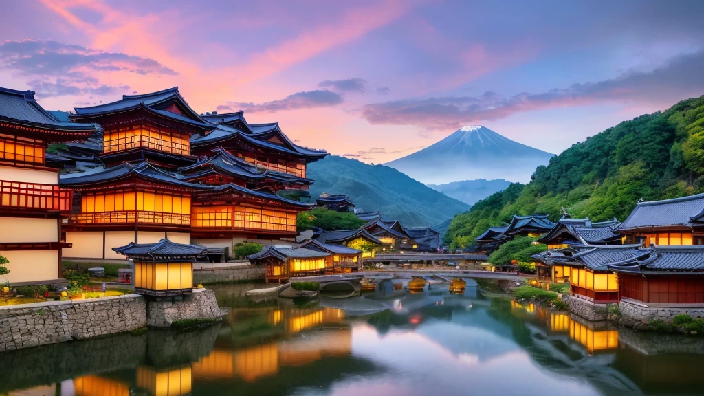 arafed view of a village with a lot of lights on the buildings, dreamy japan town, amazing wallpaper, japanese town, japanese village, hyper realistic photo of a town, old asian village, korean city, by Raymond Han, rainy evening, japan ancient castle, beautifully lit buildings, at evening , beautiful and aesthetic, photography, cinematic, 8k, high detailed ((contras photography)))