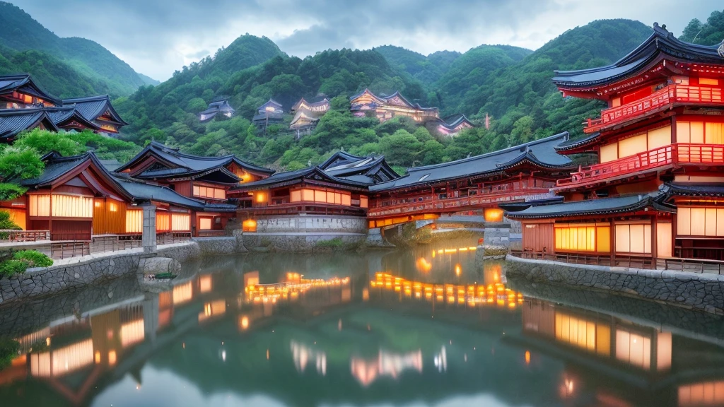 arafed view of a village with a lot of lights on the buildings, dreamy japan town, amazing wallpaper, japanese town, japanese village, hyper realistic photo of a town, old asian village, korean city, by Raymond Han, rainy evening, japan ancient castle, beautifully lit buildings, at evening , beautiful and aesthetic, photography, cinematic, 8k, high detailed ((contras photography)))