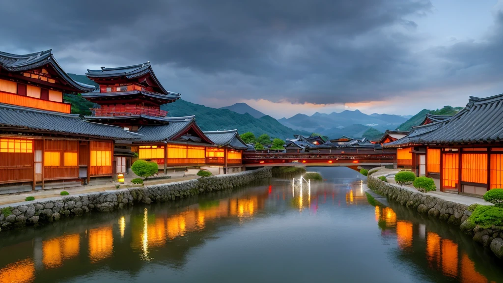 arafed view of a village with a lot of lights on the buildings, dreamy japan town, amazing wallpaper, japanese town, japanese village, hyper realistic photo of a town, old asian village, korean city, by Raymond Han, rainy evening, japan ancient castle, beautifully lit buildings, at evening , beautiful and aesthetic, photography, cinematic, 8k, high detailed ((contras photography)))