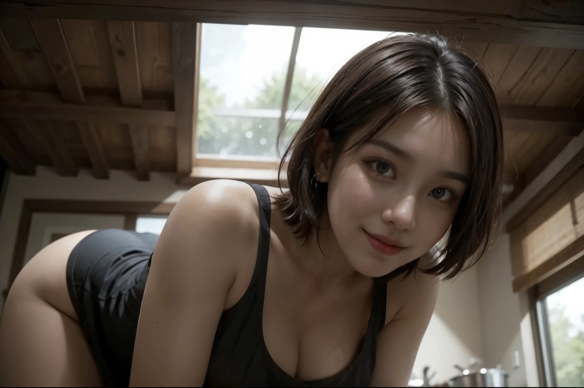 (Browsing Caution), (RAW Photos), (Realistic), (Photorealistic), Ultra-high resolution, masterpiece, Highest quality, Portraiture, facial Portraiture, Perfect lighting, Detailed lighting, Dramatic Shadows, Ray Tracing, 1 Japan Beautiful, 40 years old, Sensual, Cleavage, Plump figure, Beautiful and delicate brown eyes, Red lips, big tits, big ass, big thick thighs, Short Hair, Black Hair, Earrings, Mouth half open, smile, View your viewers, Wearing a naked apron, In the kitchen, ((from below)),