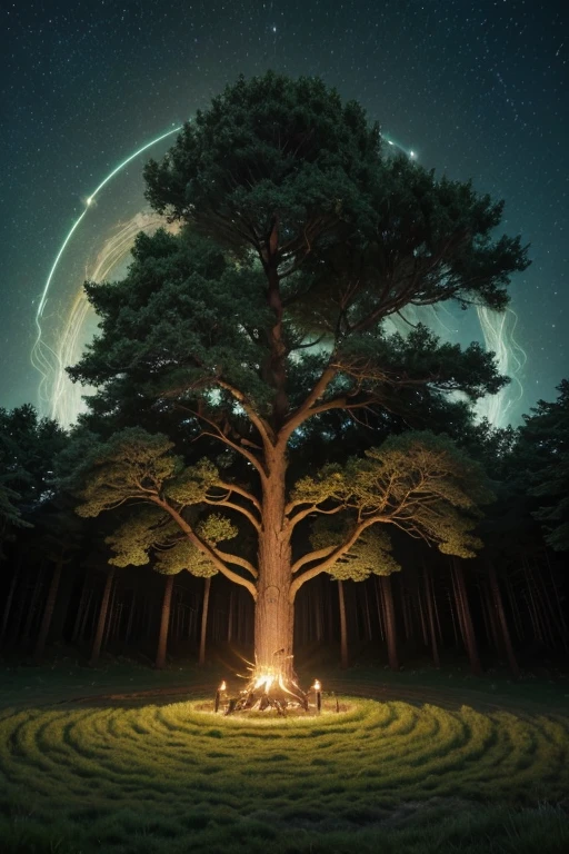 Roots intertwine to form a circle of golden druidic knots. In the center of this circle, a majestic green oak radiates its telluric energy. On one side of the trunk is written "druid" and on the other side of the trunk "staying". In the background, fractal patterns weave a cosmic blanket, connecting the sacred with the infinite.