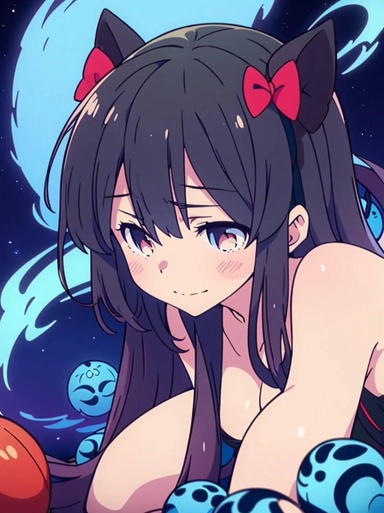 kaenbyou rin from touhou posing seductively, she is surrounded by blue flames and floating skulls,