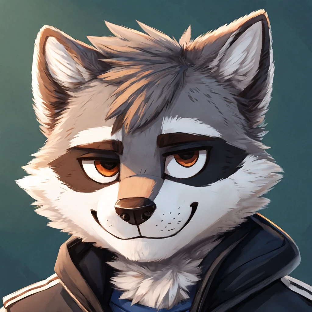 headshot of a grey anthropomorphic raccoon, closed smile, he's dressed with a jacket, high quality furry art, high quality fursona ref.