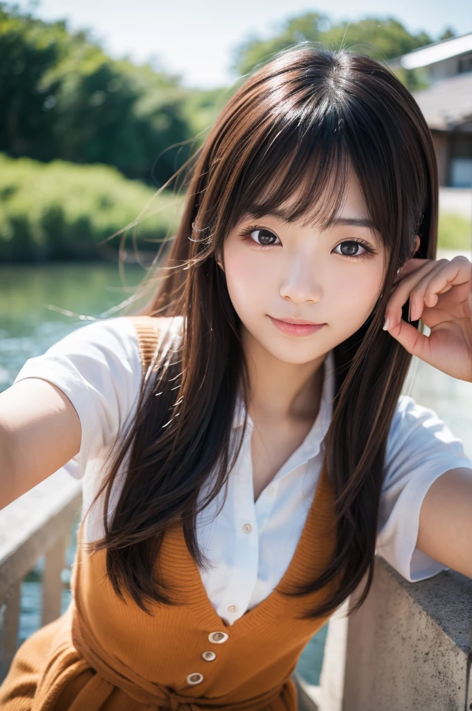 8K, details, Vertical portrait of a charming young Japanese lady , selfie style, high-definition, natural light, as if taken with a Canon camera,