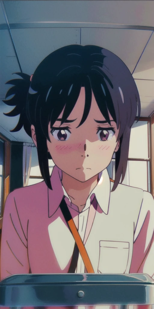 teenager in in an empty, dimly lit classroom, very blushing, anime style