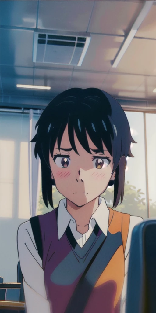 teenager in in an empty, dimly lit classroom, very blushing, anime style