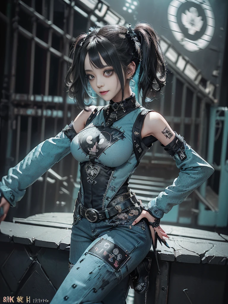 (Full Body View:1.4)、(Full body:1.3)、(Smiling with teeth showing:1.3),(Shibuya Gal:1.5)、(Gothic Lolita style fashion:1.5)、(Punk RockVisual Kei:1.5)、(Wearing a rhythmic gymnastics bodysuit with intricate details:1.4)、(Racing suit and pants with intricate turquoise, denim and charcoal decorations:1.5)、(Denim and light blue and turquoise boots:1.3)、((belt))、(Numerous delicate logo marks all over the costume:1.4)、(collar:1.3)、(Polka dot underwear:1.5)、20-year-old、NSFW、((Highest quality、In 8K、masterpiece:1.3))、Sharp focus:1.2、(Layered Cut、Huge boobs:1.1),Beautiful woman with perfect figure:1.4、(do a gravure pose:1.3)、Slender Abs:1.2、Highly detailed face and skin texture、Detailed eyes、double eyelid,(Twin tails:1.3)、(Black brown hair:1.3)、Gravure idol、(The background is the stage of the fashion show:1.3)、(Slim body:1.3),(Make your legs thinner:1.4),（clavicle:1.1）