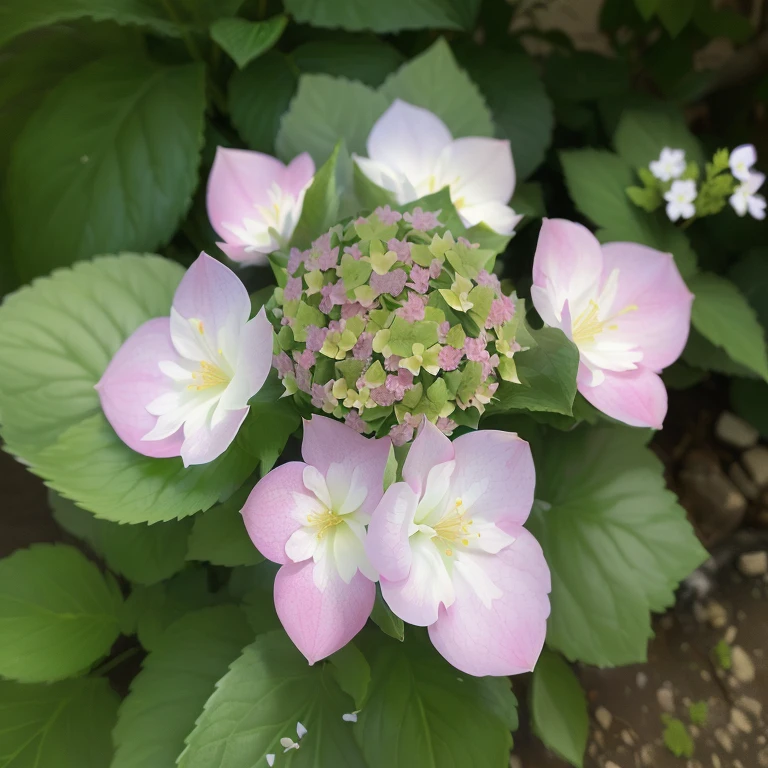 There is a close-up of a flower with many leaves, Hydrangea, deity of Hydrangeas, an isolated Hydrangea plant, Flowers Bloom, Flowers and leaves, pinkの花s, Very high flowering yield, surrounded flower, pink、white、green, Flowers grow from the head, pinkの花, Soft Flower, highly ornamental, Shot on Sony Alpha 9, Great beauty