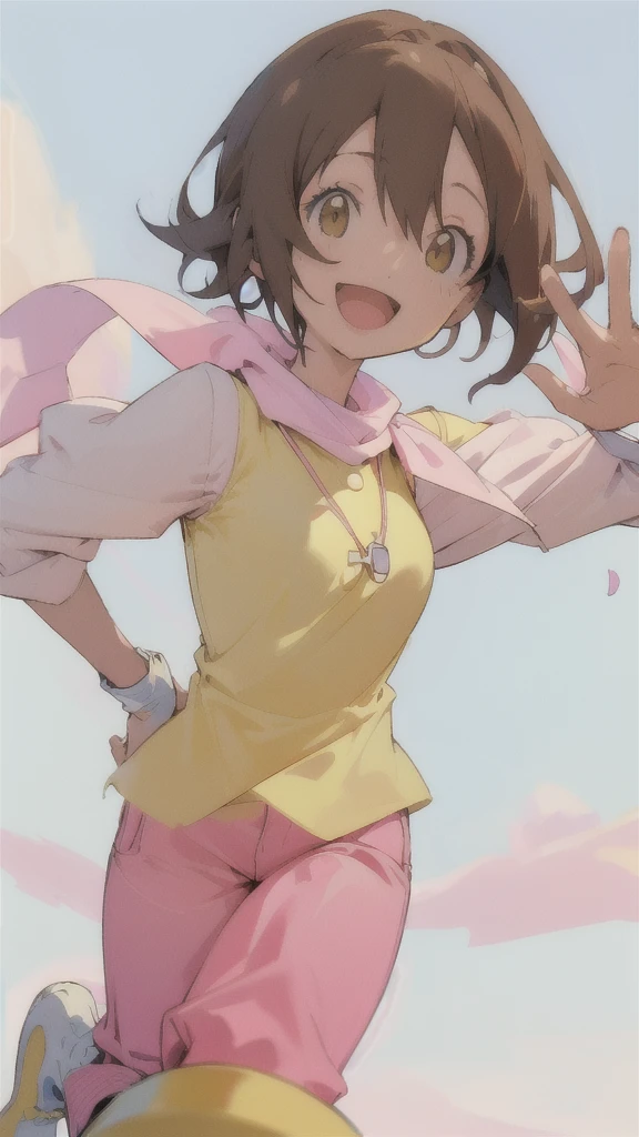 Top quality, masterpiece, high resolution, details, Top quality, masterpiece, high resolution, details, perfect anatomy, (cute girl), smiling, HikariDigi, open mouth, yellow sleveless shirt, pink pants, rubber boots, shoes, sky, solo,Background is blue sky, upper body、Kindergartener, 