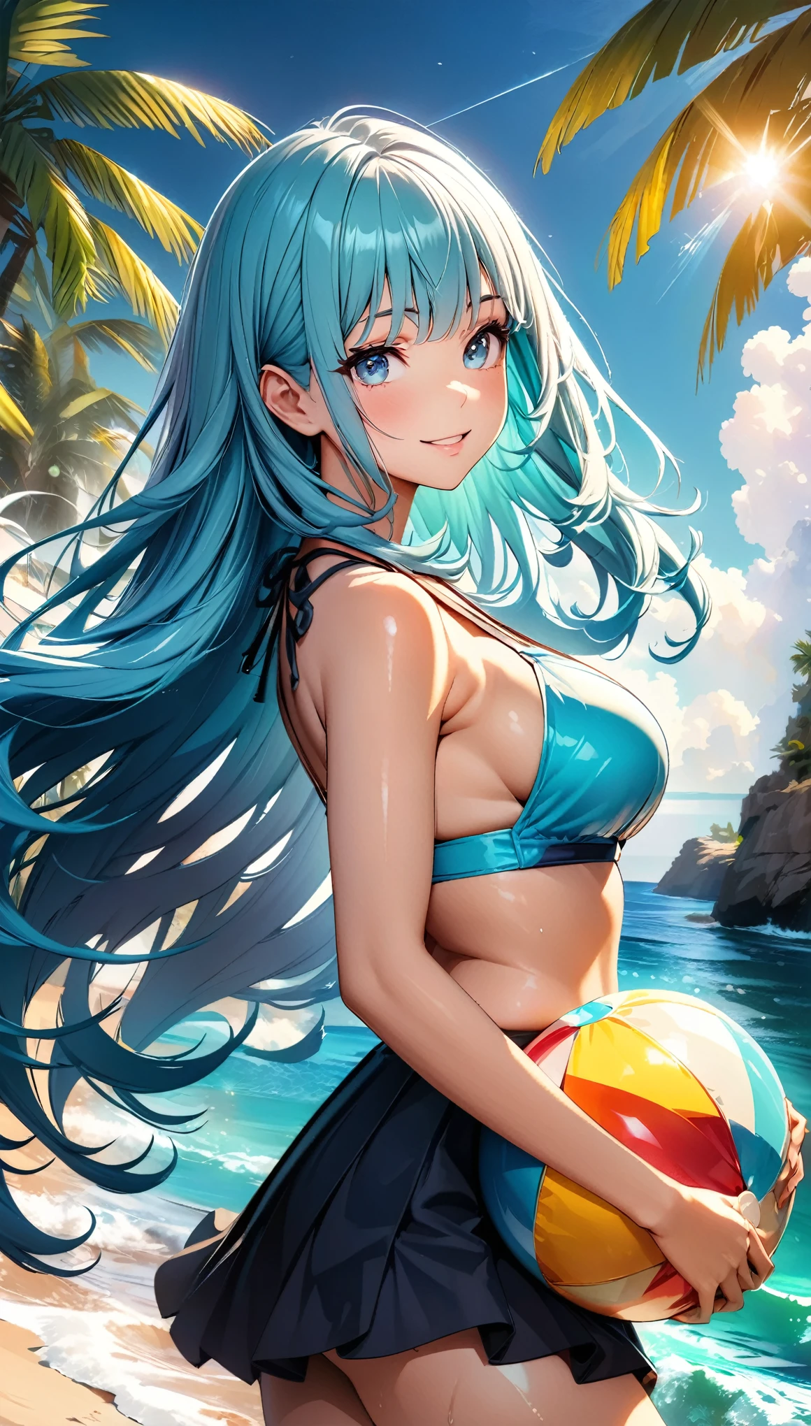1 Female, Long aqua colored hair, blue eyes, (Beautiful Face), Smooth Straight Hair, plant, smile, Colorful pop bikini, Ocean, water, ((Bring a beach ball:1.2)), Palm tree, sunny, Ocean風が吹く, Beautiful Hair, Shiny Hair, Beautiful Skin, Detailed face and eyes, Glossy Lips, Curvy Women, Delicate and beautiful CG art, (Dynamic Angle, Dynamic Lighting), (Highest quality:1.2, 4K, 8K, Very detailed, High detail, masterpiece:1.2, Highest quality, Best aesthetics),