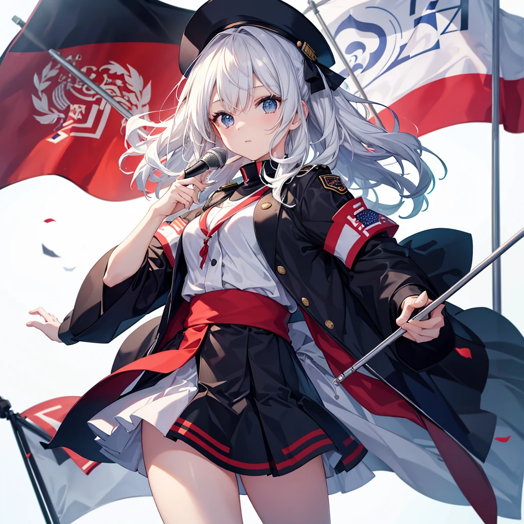 A beautiful girl skillfully manipulates the marching band flags、White background、Dynamic Flag Background、The flag is black with Kinu's flower embroidery, and it looks really cool.、
