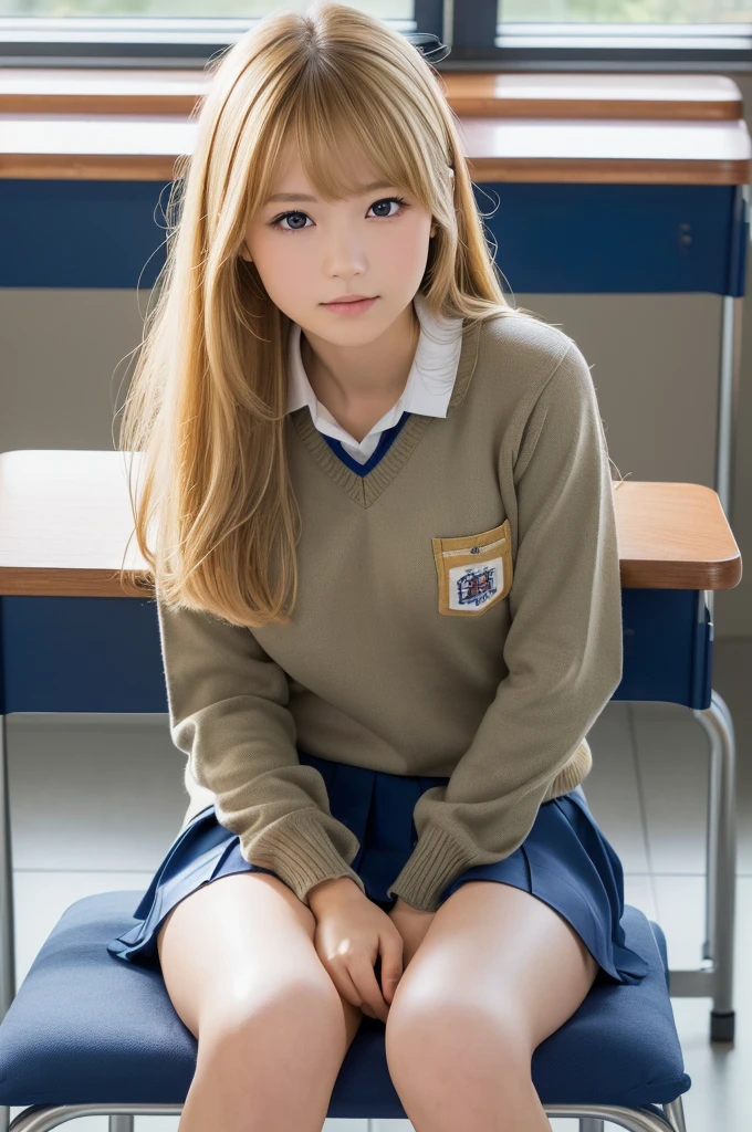 (8k, RAW photo, best quality, masterpiece:1.2), (realistic, photo-realistic:1.4), (extremely detailed 8k wallpaper), pretty Japanese woman, (school uniform studium jumper),in class room, sitting chair, spread legs, blond hair, hands in pocket