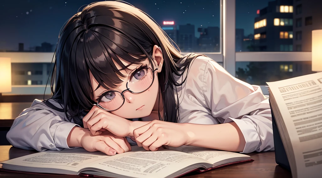 Falling asleep face down while studying at night、A cute girl wearing glasses that accentuate her breasts a little
