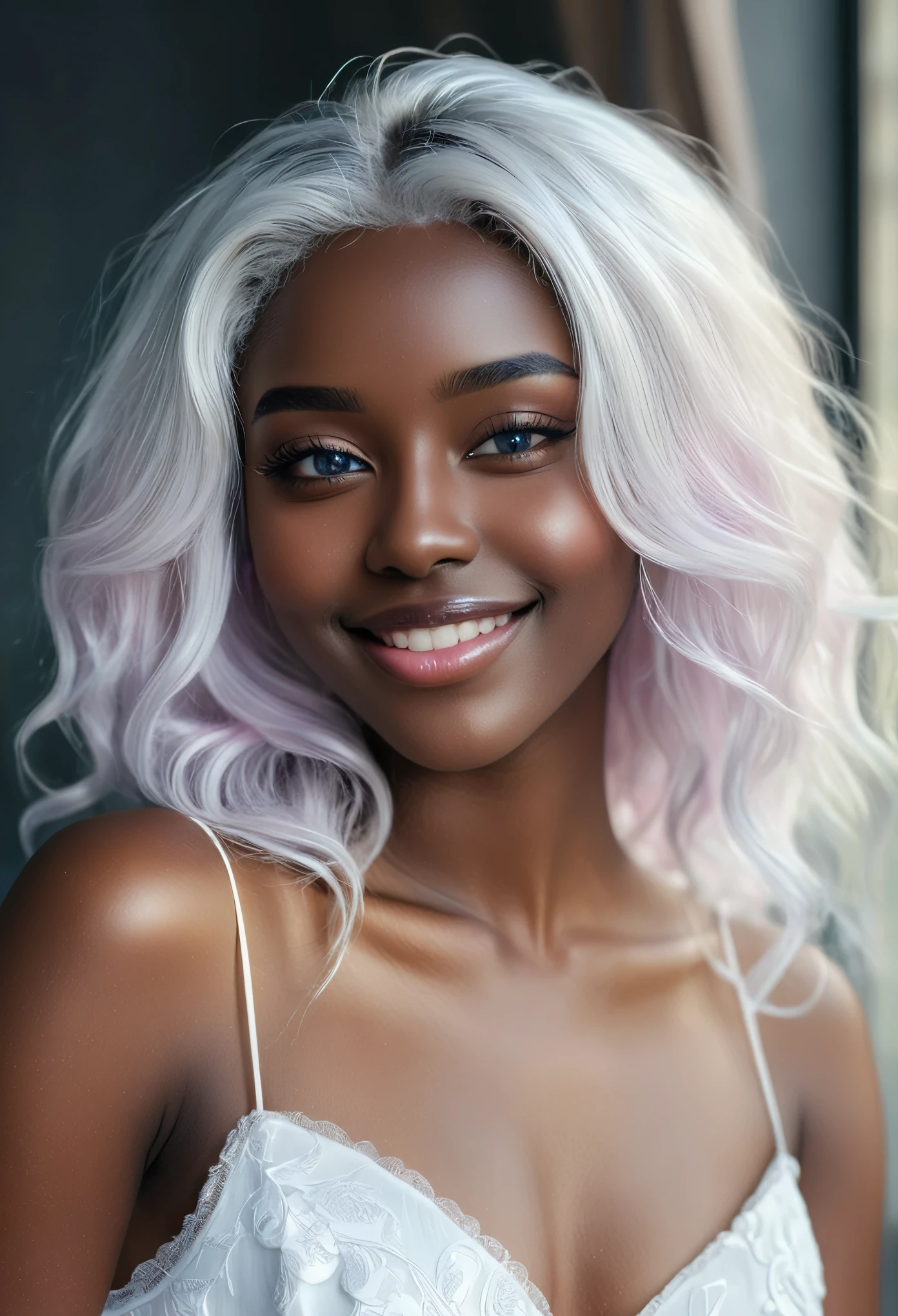 beautiful smile expression (((darkskin:1.2))) androgen:1.3, ((darkskin:1.2)), (((White hair))), ethereal darkskin beauty,blue piercing eyes,long flowing White hair,darkskin complexion,soft pink lips,sensual behavior,seducing gaze,graceful pose,subtle makeup,pure white dress,Delicate features,striking contrast with the environment,soft natural light,subtle shadows,ethereal atmosphere,swirly vibrant colors,dream scenario,romantic atmosphere,artistic portrait,highly detailed rendering,Photorealistic quality.