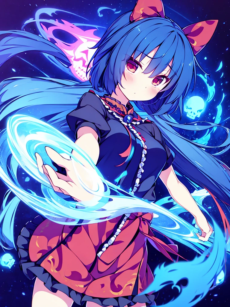 kaenbyou rin from touhou posing seductively, she is surrounded by blue flames and floating skulls,