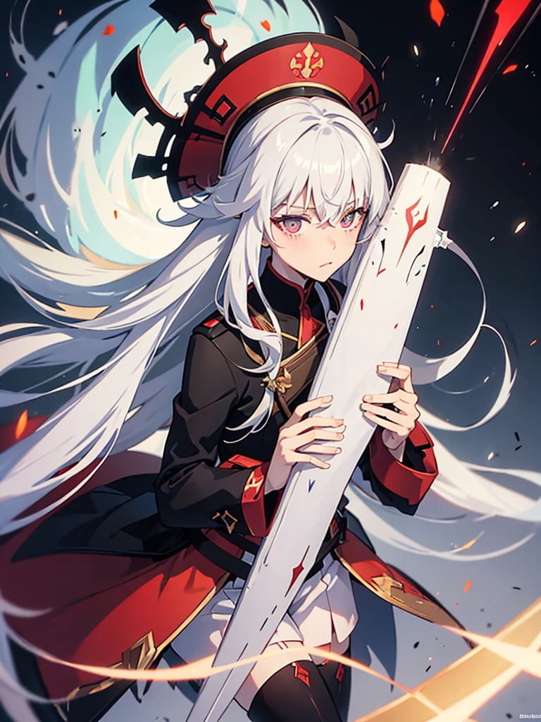 Anime boy with white hair wearing war amor , holding anime girl with black and red long hair, put on war amor blushing blushing 