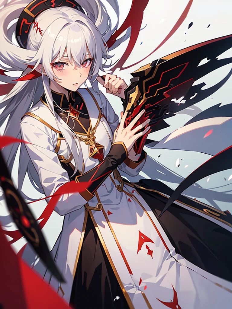 Anime boy with white hair wearing war amor , holding anime girl with black and red long hair, put on war amor blushing blushing