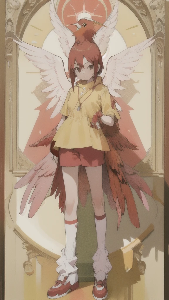 Best quality, masterpiece, high resolution, detailed, best quality, masterpiece, high resolution, detailed, perfect anatomy, Garudamon, red body, birdman, red wings, yellow bird legs