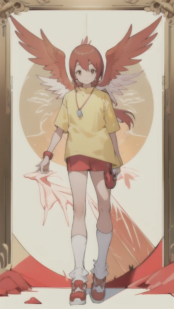 Best quality, masterpiece, high resolution, detailed, best quality, masterpiece, high resolution, detailed, perfect anatomy, Garudamon, red body, birdman, red wings, yellow bird legs