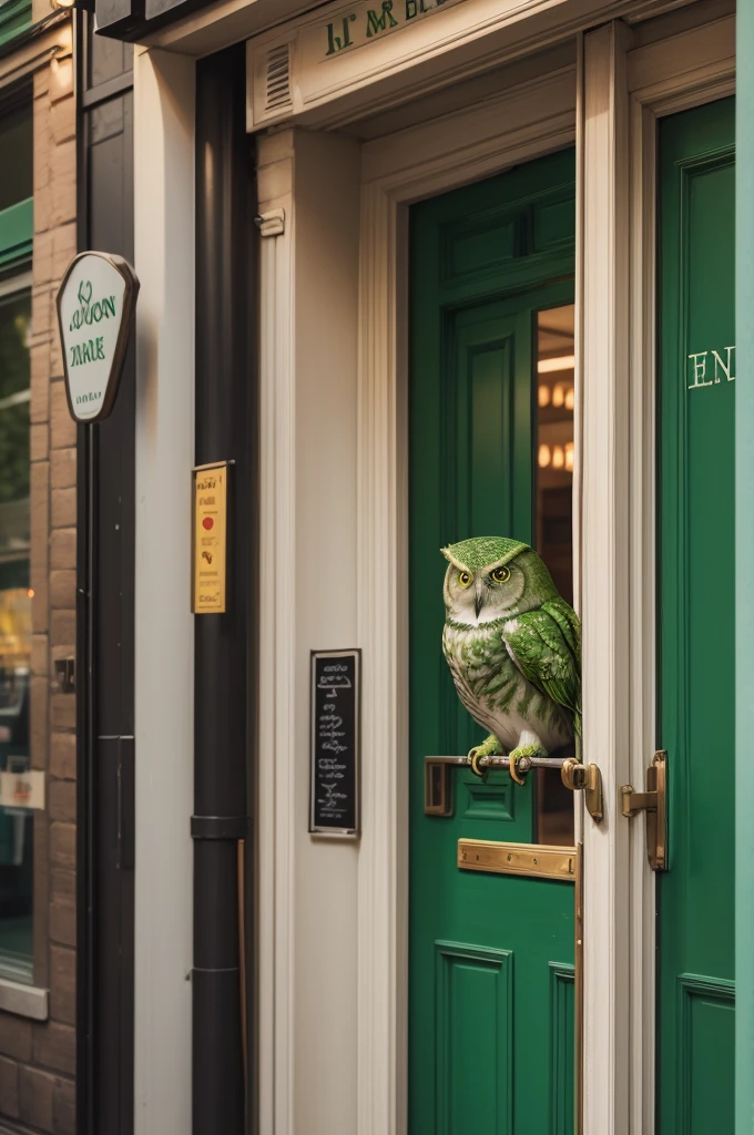 I want FLAVORS , in green on the restaurant door , with a green owl