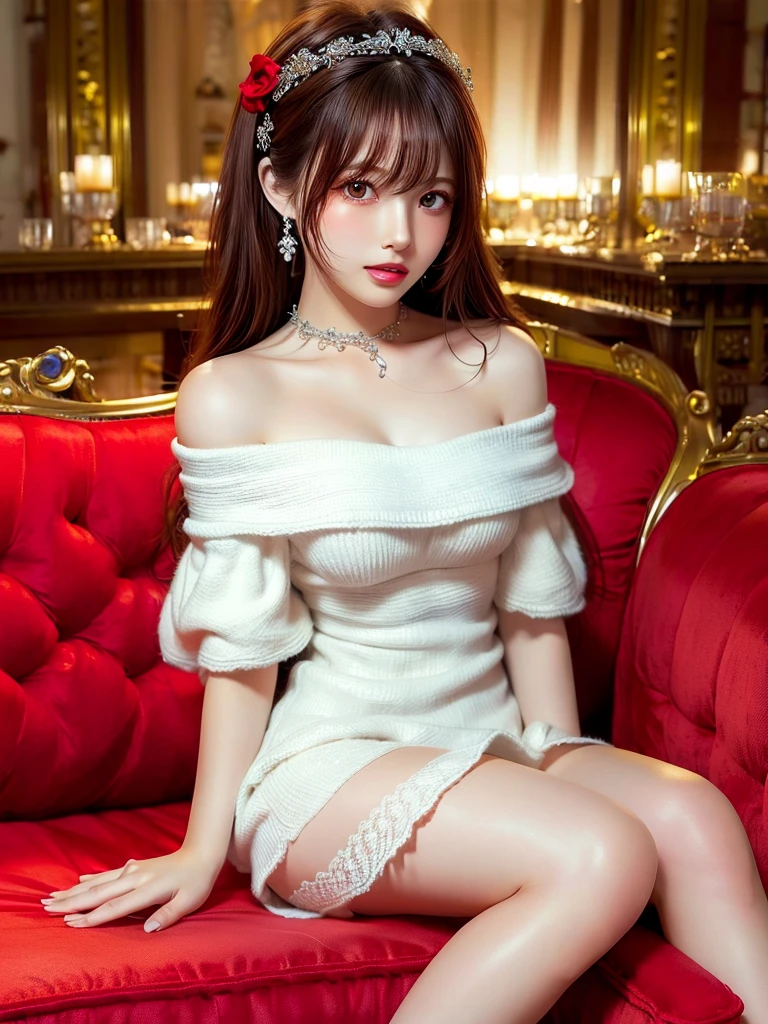 ((Highest quality)),(Ultra-high resolution),(Very detailed),(Detailed Description),((The best CG)),(masterpiece),Very detailedなアート、Small breasts、(((White off-the-shoulder dress 1.5)))、hair ornaments、Tying up hair、Glitter Necklace、Ultimate Beauty 1.5、(((Sitting on the red sofa 1.5)))、Brown Hair、Smiling gently 1.2、、Different world、Accentuate your thighs