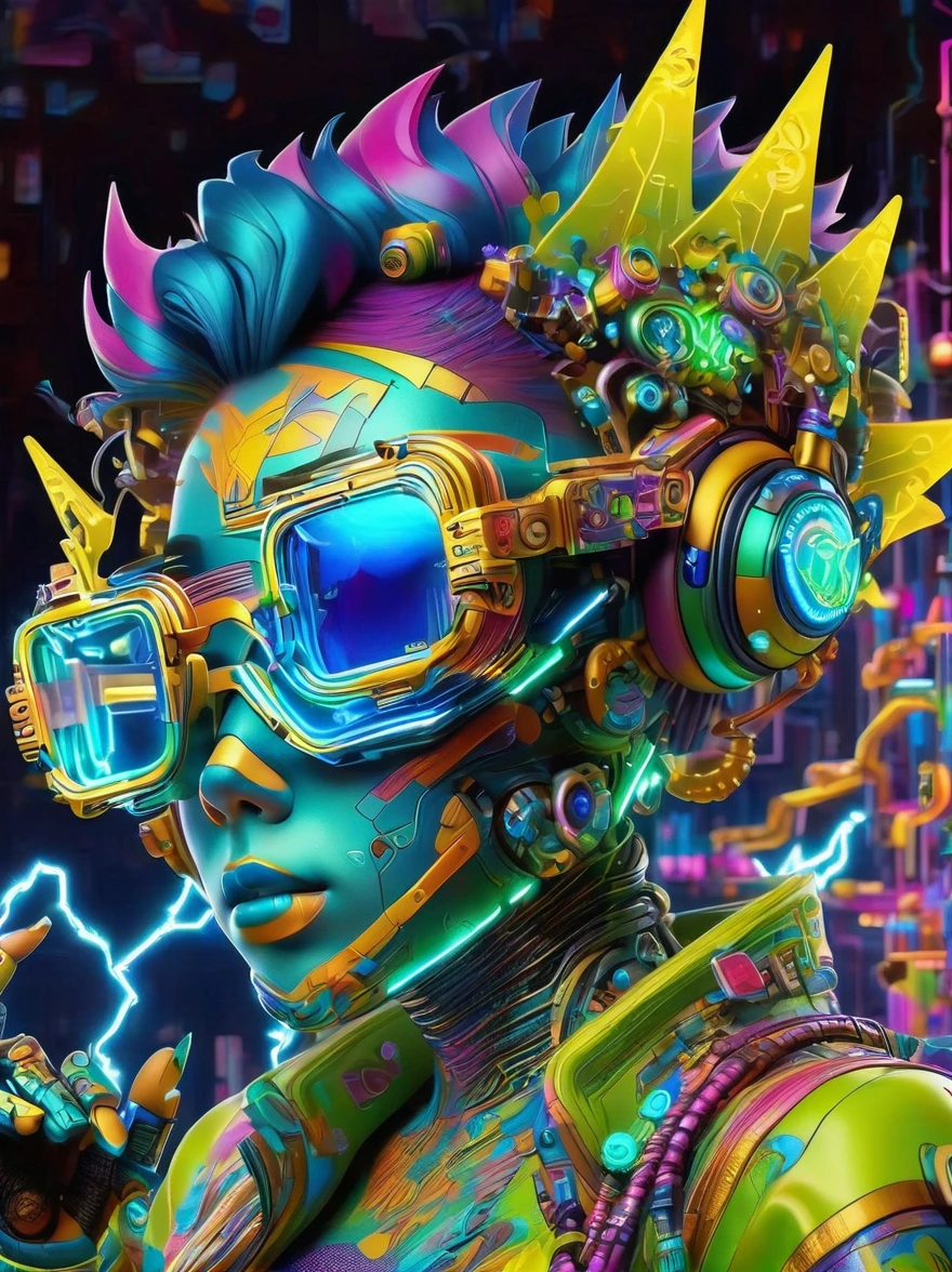 best quality, masterpiece, 3d, Pixar Artwork, Electronic variants, (Cartoon mechanical girl zombie wearing big glasses in the factory:1.5),in a dynamic dancing pose within a colorful virtual reality world teeming with neon lights and vibrant holograms, The scene bears the influences of both pop art and graffiti, a truly cyberpunk-inspired ensemble with explosive energy, created using digital painting methods and radiant, glowing effects