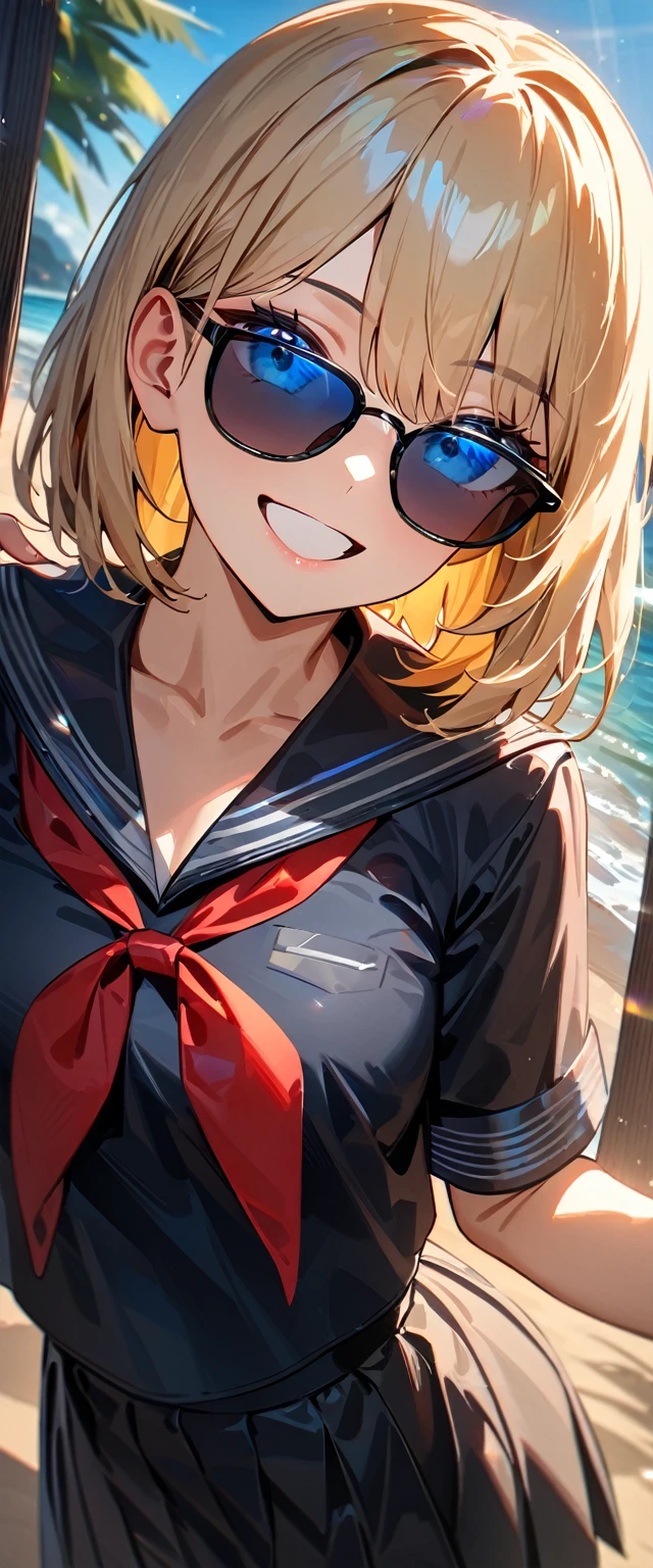 (((One girl))), ((beach)), noon, blond hair, bob cut, breasts, from front, (cowboy shot), standard body, (looking at viewer), ((black serafuku out of skirt)), black skirt, ((red ribbon)), ((sunglasses)), hand to sunglasses, ager, head tilt:1.3, (((blue eye))), ((happy smile)), anime style, (best quality, 4k, 8k, highres, masterpiece:1.2, ultra-detailed, ultra-detailed eyes, HDR, UHD, studio lighting, ultra-fine painting, sharp focus, physically-based rendering, extreme detail description, professional, vivid colors, bokeh), ((Highest quality, Best image quality, Ultra-high resolution, Ultra-high resolution, solo, Strong eye highlights)), Depth of written boundary, Natural soft light, attractive, Beautiful Face, Cleanliness, Pure Face, nedium chest, Beautiful Face, Perfect Fingers, Perfect hands, Perfect body, Perfect Face, Shine a light into your eyes, Perfect Anatomy