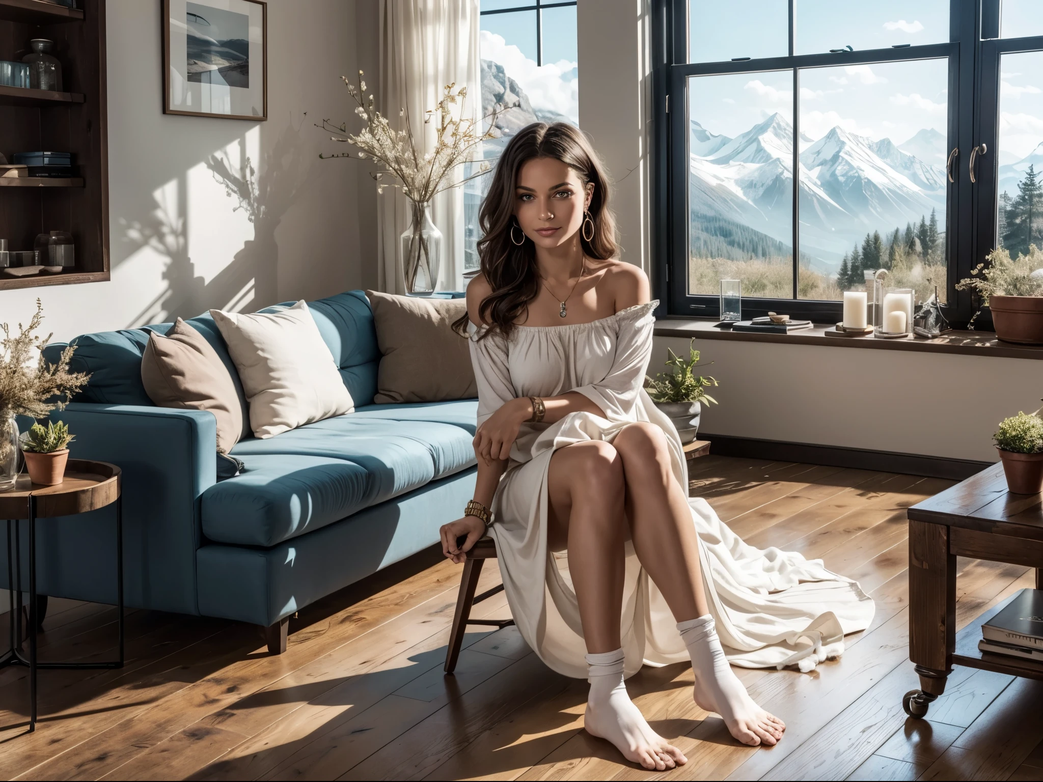 1girl, beautiful portrait, detailed face, medium wide shot, (full body:0.6), captivating, (satin night gown:0.7), elegant, dreamy look, (slick dark brown medium length hair), sensual sitting position, living room, interior, modern design, two-story, (one big window:1.2), mountain view, Alps, flower field, minimalist furniture, sleek lines, neutral colors, natural light, cozy ambiance, stylish decor, open space, wooden floors, contemporary art, elegant, scenic view, spacious, serene, warm vibe, aesthetic potted plant, (highest quality, masterpiece, ultra-high resolution), professional camera work, candles, crystal earring, necklace, bracelet, (romantic mysterious), dramatic, artistic, innovative, attractive, heartful, fancy, ankle socks, (****, cute:1.2), (breasts:1.2),