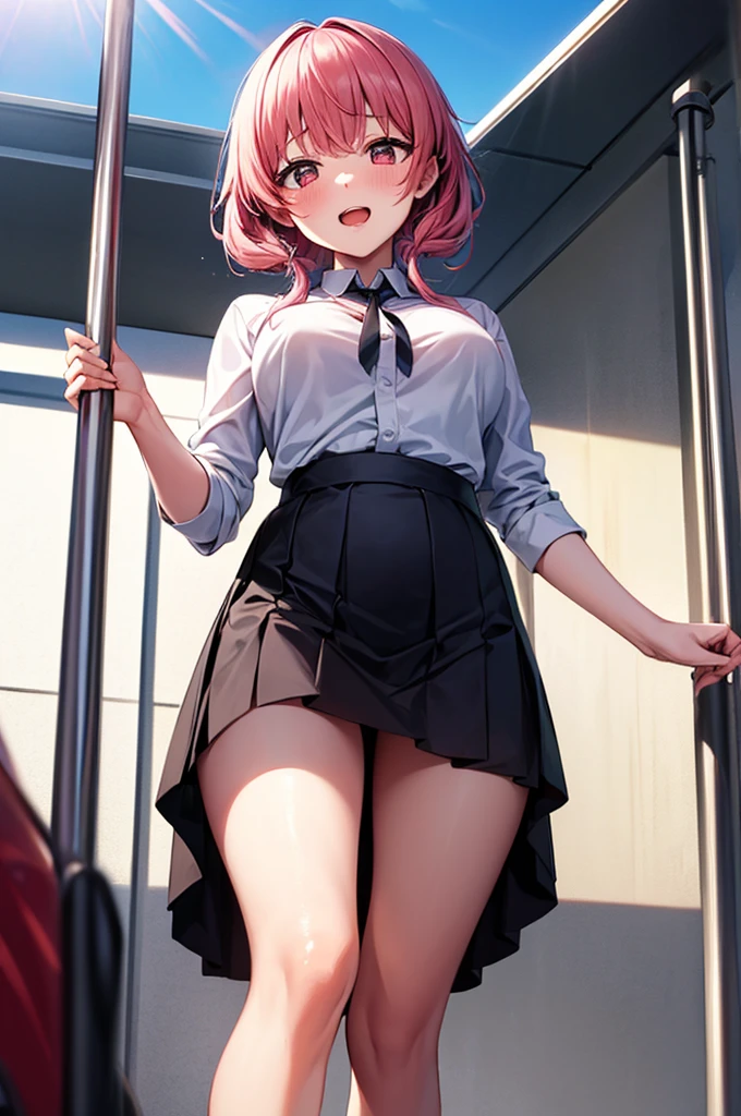 masterpiece, Highest quality, High resolution, Absurd, One girl, crowd, skirt, Pink Hair, gasai yuno, From below, Revealing clothing, Skin Dentition, Outdoor, sunlight, street, View your viewers, blush,