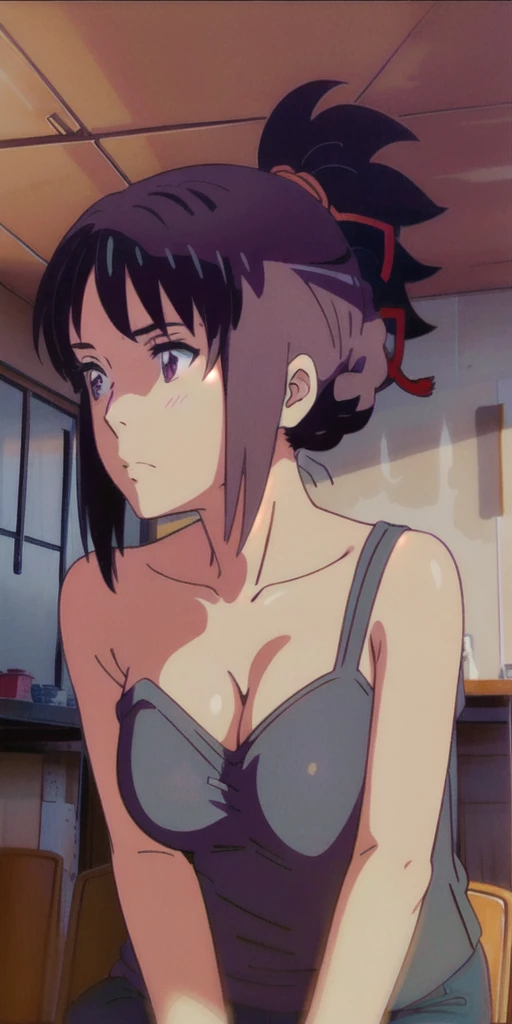 teenager in  in an empty, dimly lit classroom, very blushing with big breasts, anime style