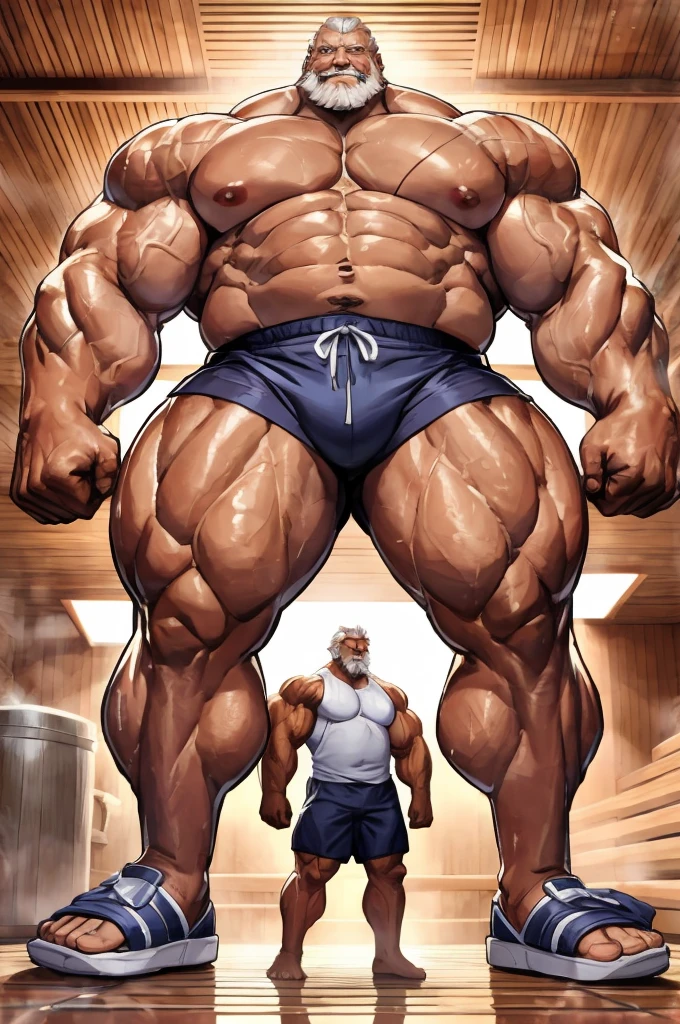 Help me replace it with an old Japanese giant with bulging muscles all over his body。In the sauna。Meat becomes very large。The flesh of the whole body is getting bigger，Hairy old man old bodybuilder hundred years old old Japanese old man in sauna and giant Just as big。Strong old man working out。Body and giant Just as big hypertrophy bloated。Body muscle expansion。No pants。Full body photo of an old man and a giant sitting in the sauna。Just as big，Too much muscle。The bronzed old man in shorts has a particularly large body。Strong and powerful, hard like a piece of iron, clearly sturdy and well-developed, full of strength, especially with a lot of flesh，In the sauna。