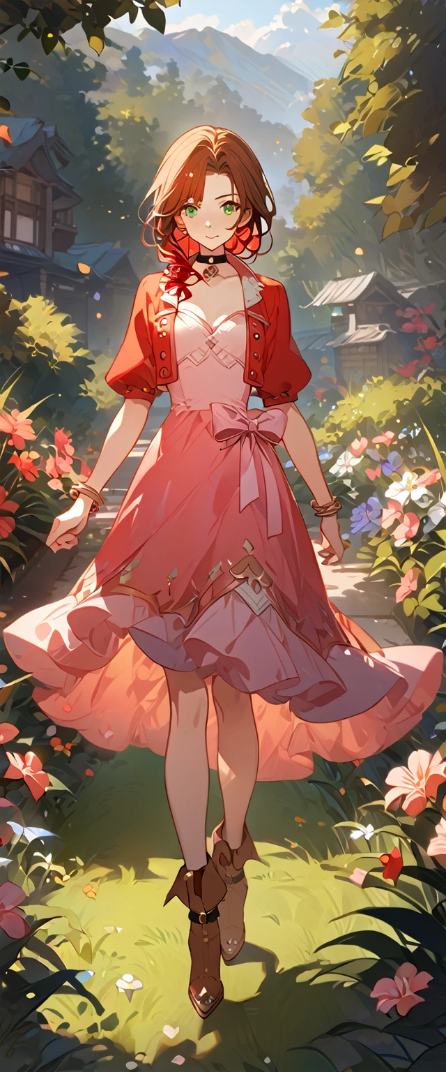 masterpiece, best quality, 8k, 4k, 1girl, aerith gainsborough, brown hair, braided, green eyes, red hair ribbon, braided long ponytail, red bolero jacket, cropped jacket, bow, choker, long pink dress, pink bow, brown boots, bangles, walking in a garden, flowers, detailed background,, inspired by Asukaziye artist : ask, art style : ask