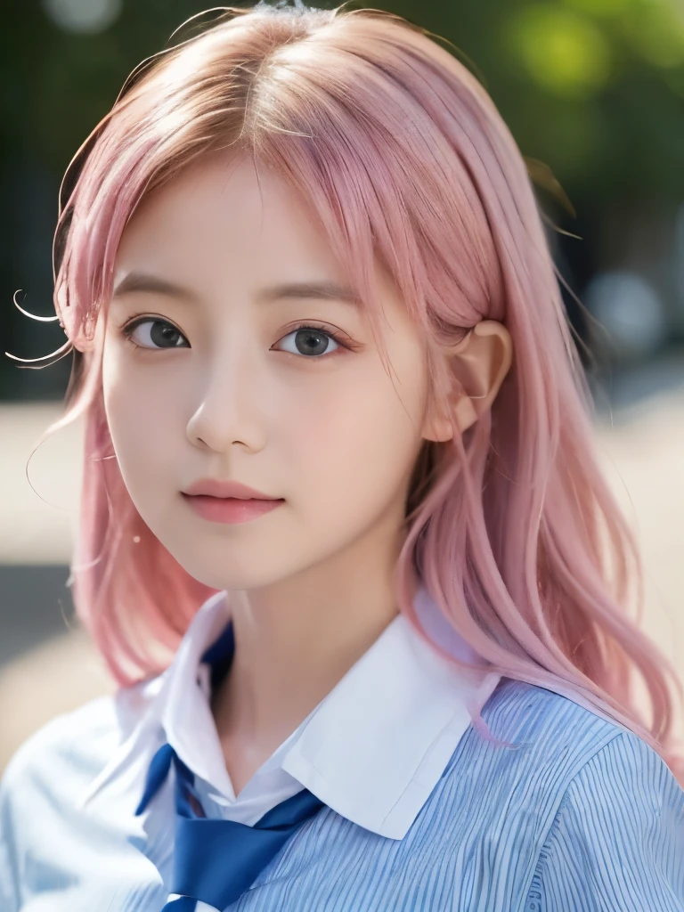 A pink-haired、length hair、a junior high school student、kawaii、childish、Straight、faces、The upper part of the body。Forward-facing