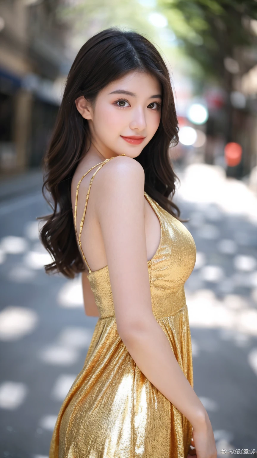 ((Best quality, 8K, masterpiece:1.3))，1girl，18 years old，Asian，Real texture:1.3，(Background blur:1.1)，Gorgeous long dress，Tall and slender figure:1.2，(Hot summer weather)，（street:1.3），Highly detailed face and skin textures，Exquisite eyes，Long eyelashes，Double eyelids，Skin Whitening，happy，Various postures，Big breasts