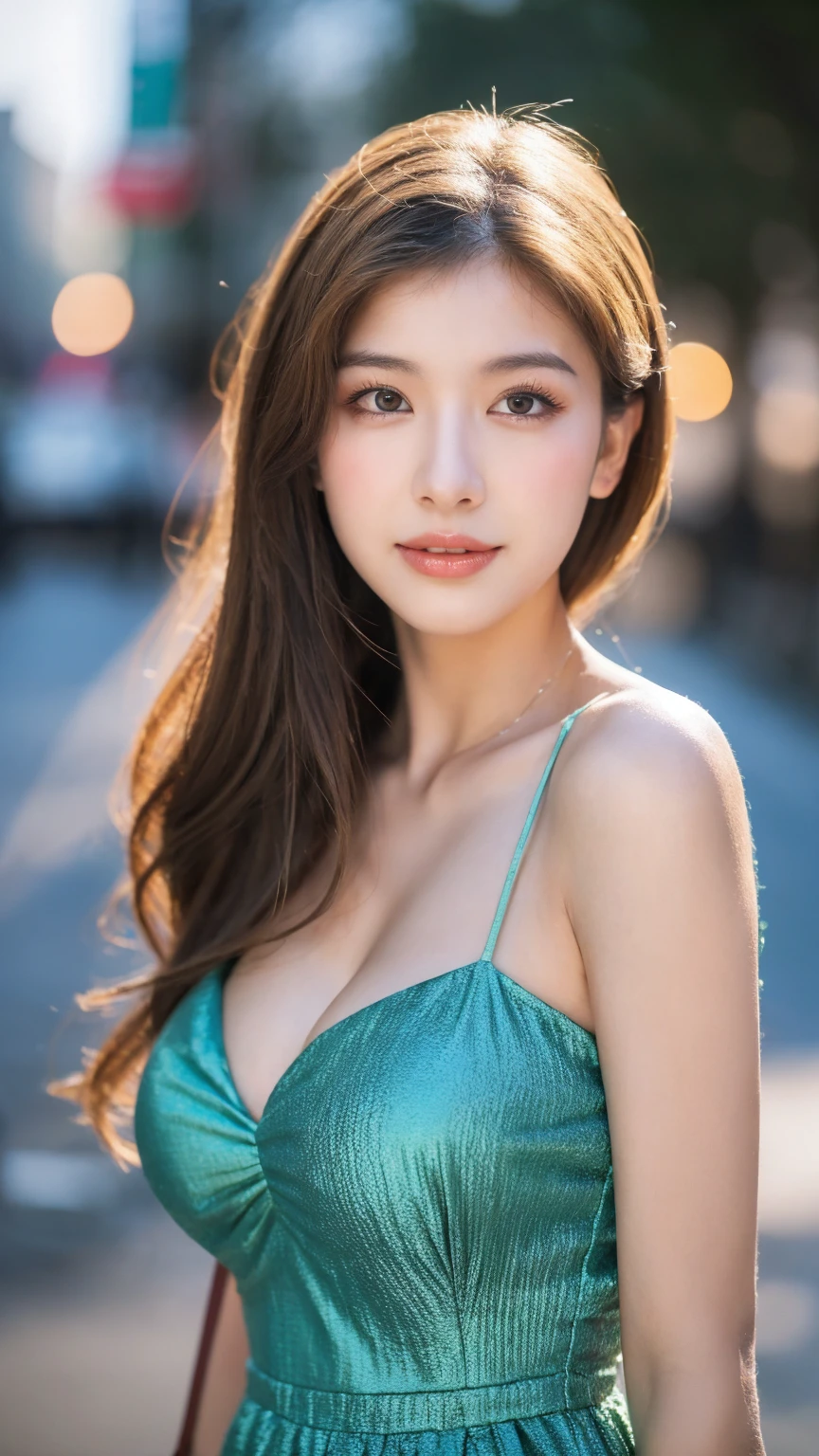 ((Best quality, 8K, masterpiece:1.3))，1girl，18 years old，Asian，Real texture:1.3，(Background blur:1.1)，Gorgeous long dress，Tall and slender figure:1.2，(Hot summer weather)，（street:1.3），Highly detailed face and skin textures，Exquisite eyes，Long eyelashes，Double eyelids，Skin Whitening，happy，Various postures，Big breasts