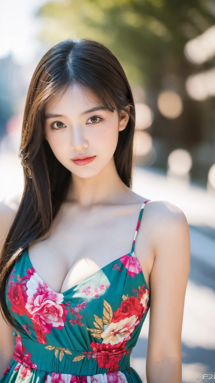 ((Best quality, 8K, masterpiece:1.3))，1girl，18 years old，Asian，Real texture:1.3，(Background blur:1.1)，Gorgeous long dress，Tall and slender figure:1.2，(Hot summer weather)，（street:1.3），Highly detailed face and skin textures，Exquisite eyes，Long eyelashes，Double eyelids，Skin Whitening，happy，Various postures，Big breasts