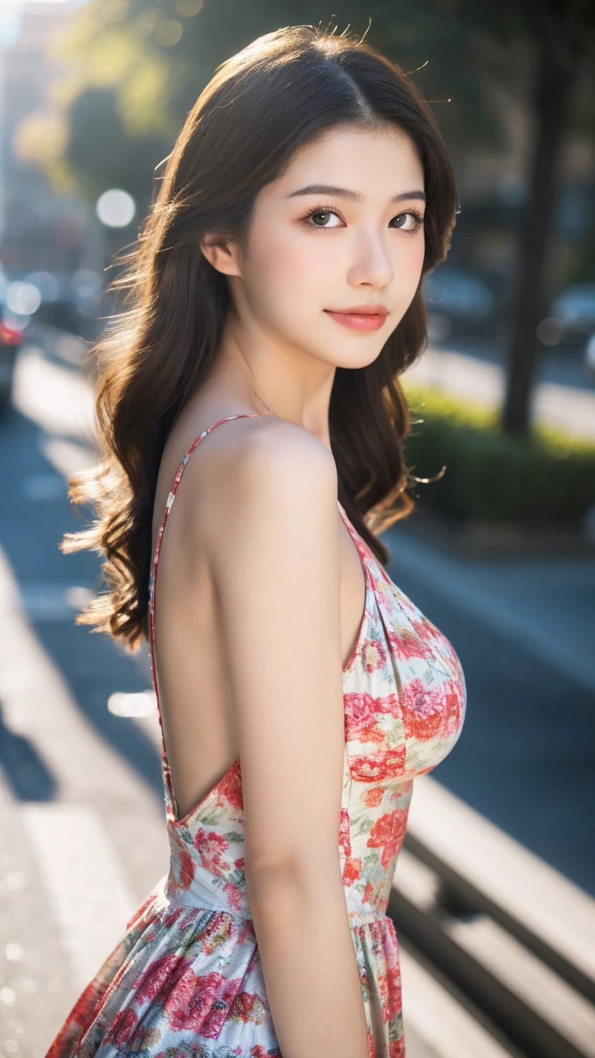 ((Best quality, 8k, masterpiece:1.3)),1girl,1,Asian,Real texture:1.3,(Background blur:1.1),Dress,run,Tall and slender figure:1.2,(Hot summer weather),(street:1.3),Highly detailed face and skin textures,Exquisite eyes,Long eyelashes,Double eyelids,Skin Whitening,happy,Various lenses,Beautiful breasts