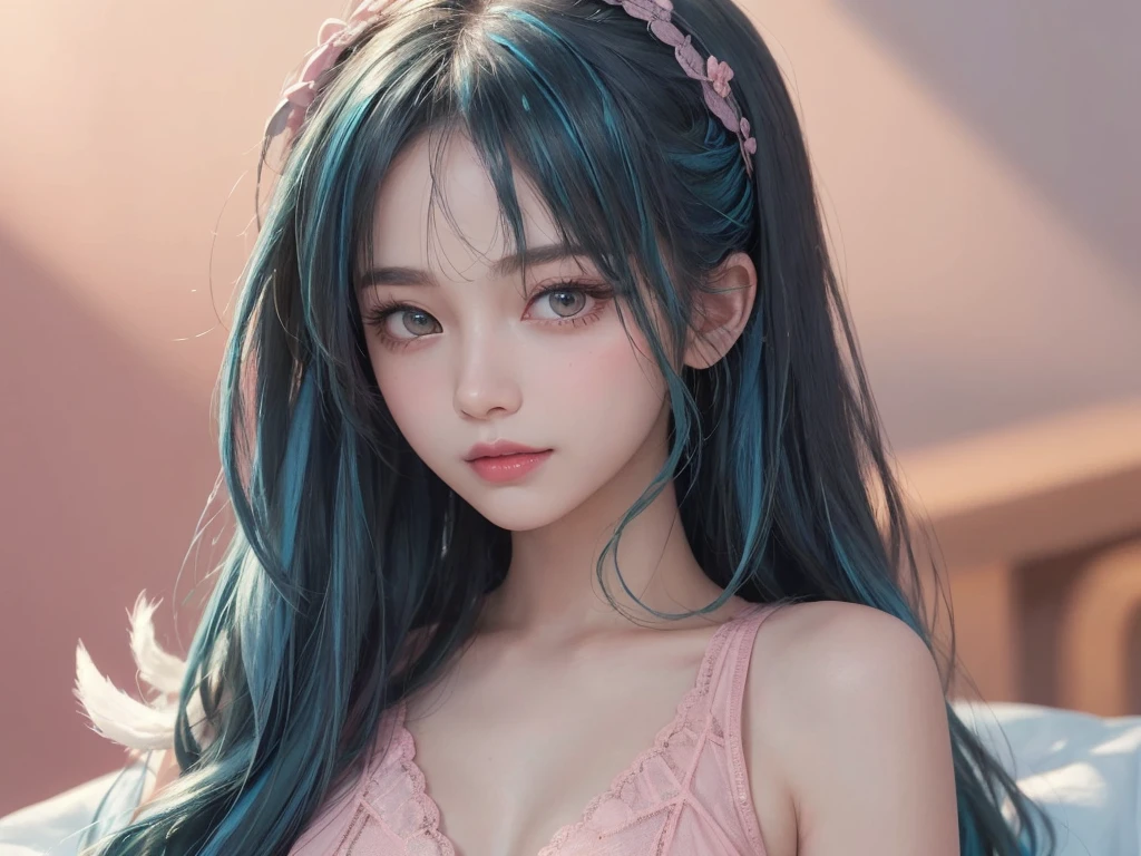(masterpiece、Highest quality:1.4)、
(8K resolution、Ultra-high resolution:1.2)、
Realistic,
Detailed depiction face、Eye for detailed depiction、Detailed skin、Detailed hair、Glowing Skin、
Japanese Idol、Very beautiful woman、Detail and beauty that cannot be captured in reality:1.3、
Elegant and perfect figure、Perfect ???????、
1 Girl、16 years old、
Lip gloss、Add highlights to the eyes:1.5、
Dynamic Angle、(Beautiful Bangs、Highly detailed hair:1.5)、Glowing Skin:1.4、
Please look closely at the camera、Natural and comfortable lighting、Highlights from below、
Very cute smile、Very happy smile、
(Pink Background、whole body:2）、
Upper Body、Landscape
(Fluffy Bob Hair、Pastel pink and pastel blue hair:1.5)、
eyelash、
Light-colored eyes、
(Pink long lace see-through:1.5)