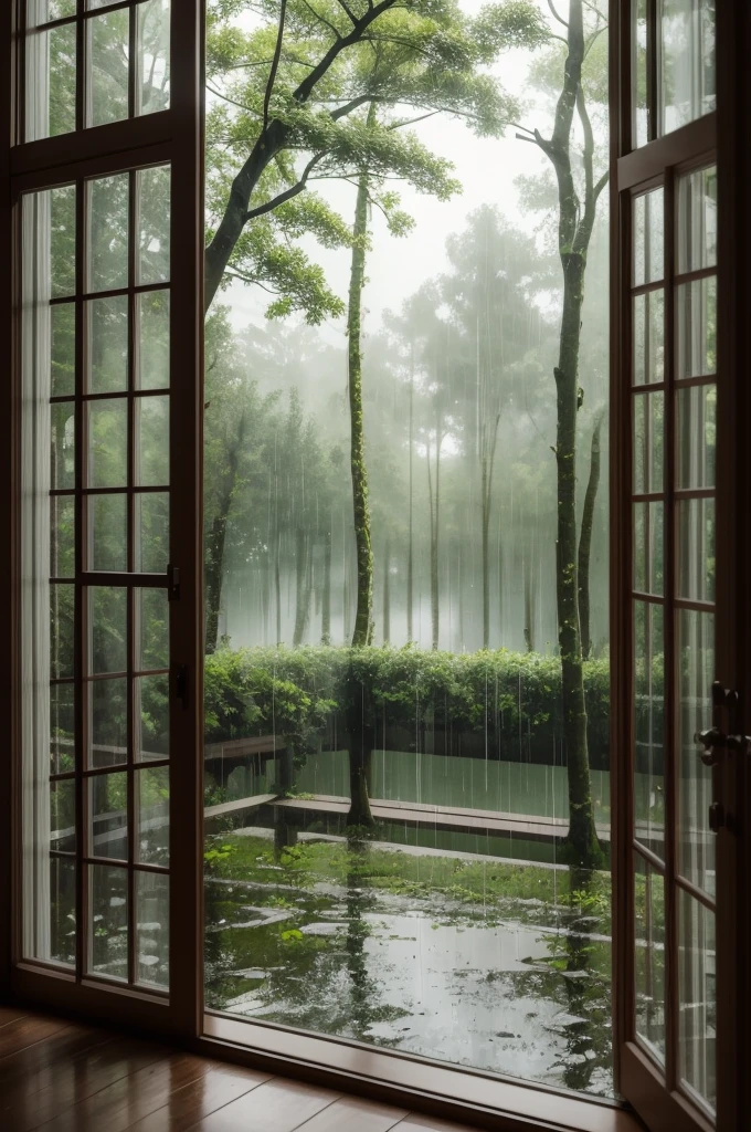 View through the glass window inside a beautiful room, and rain outside, in forest,relaxing
