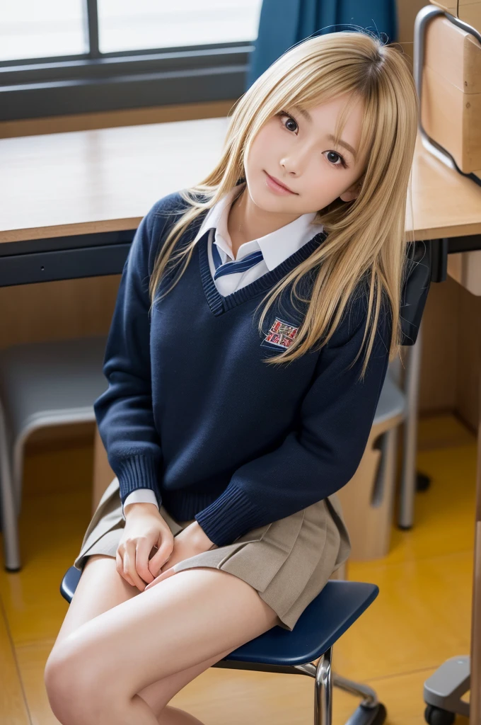 a very cute blonde girl exposing small breast, naked over school uniform, sitting, raw photo