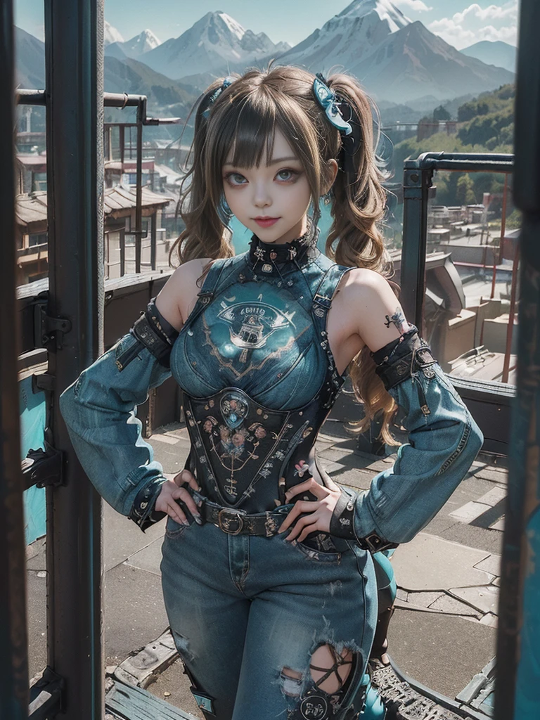 (Full Body View:1.4)、(Full body:1.5)、(Smiling with teeth showing:1.3),(Shibuya Gal:1.5)、(Gothic Lolita style fashion:1.5)、(Punk RockVisual Kei:1.5)、(Wearing a rhythmic gymnastics bodysuit with intricate details:1.4)、(Racing suit and pants with intricate turquoise, denim and charcoal decorations:1.5)、(Denim and light blue and turquoise boots:1.3)、((belt))、(Numerous delicate logo marks all over the costume:1.4)、(collar:1.3)、(Polka dot underwear:1.5)、20-year-old、NSFW、((Highest quality、In 8K、masterpiece:1.3))、Sharp focus:1.2、(Layered Cut、Huge boobs:1.1),Beautiful woman with perfect figure:1.4、(do a gravure pose:1.3)、Slender Abs:1.2、Highly detailed face and skin texture、Detailed eyes、double eyelid,(Twin tails:1.3)、(Brown-golden hair:1.3)、Gravure idol、(The background is a vast mountain々Beautiful luxury resort destination in Europe:1.3)、(Slim body:1.3),(Make your legs thinner:1.4),(clavicle:1.1)